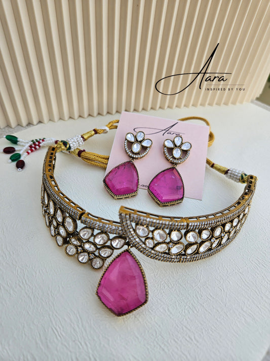 Premium Doublet Stone Moissanite Polki Choker Set - Pink