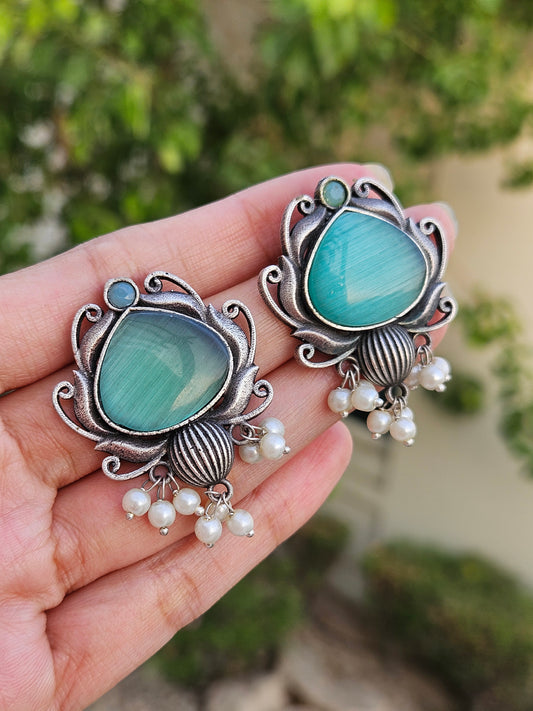 Silver Look Alike Monalisa Stone Studs Earrings