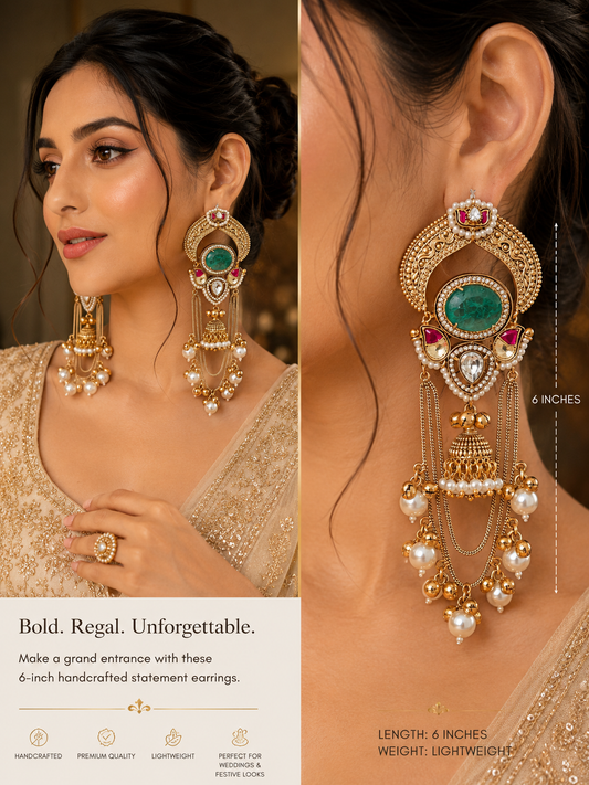 Premium Kashmiri Pachi Kundan Earrings with Doublet Stone & Moissanite Kundan