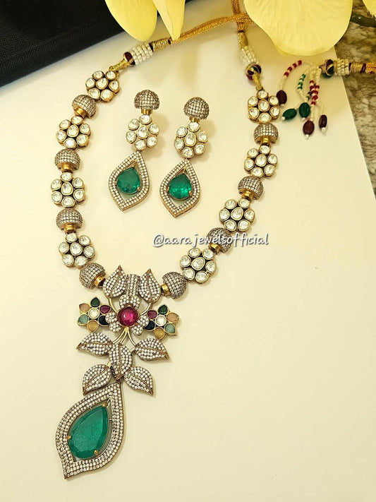 Premium Moissanite Polki With Doublet Stone Nano AD Setting Necklace Set