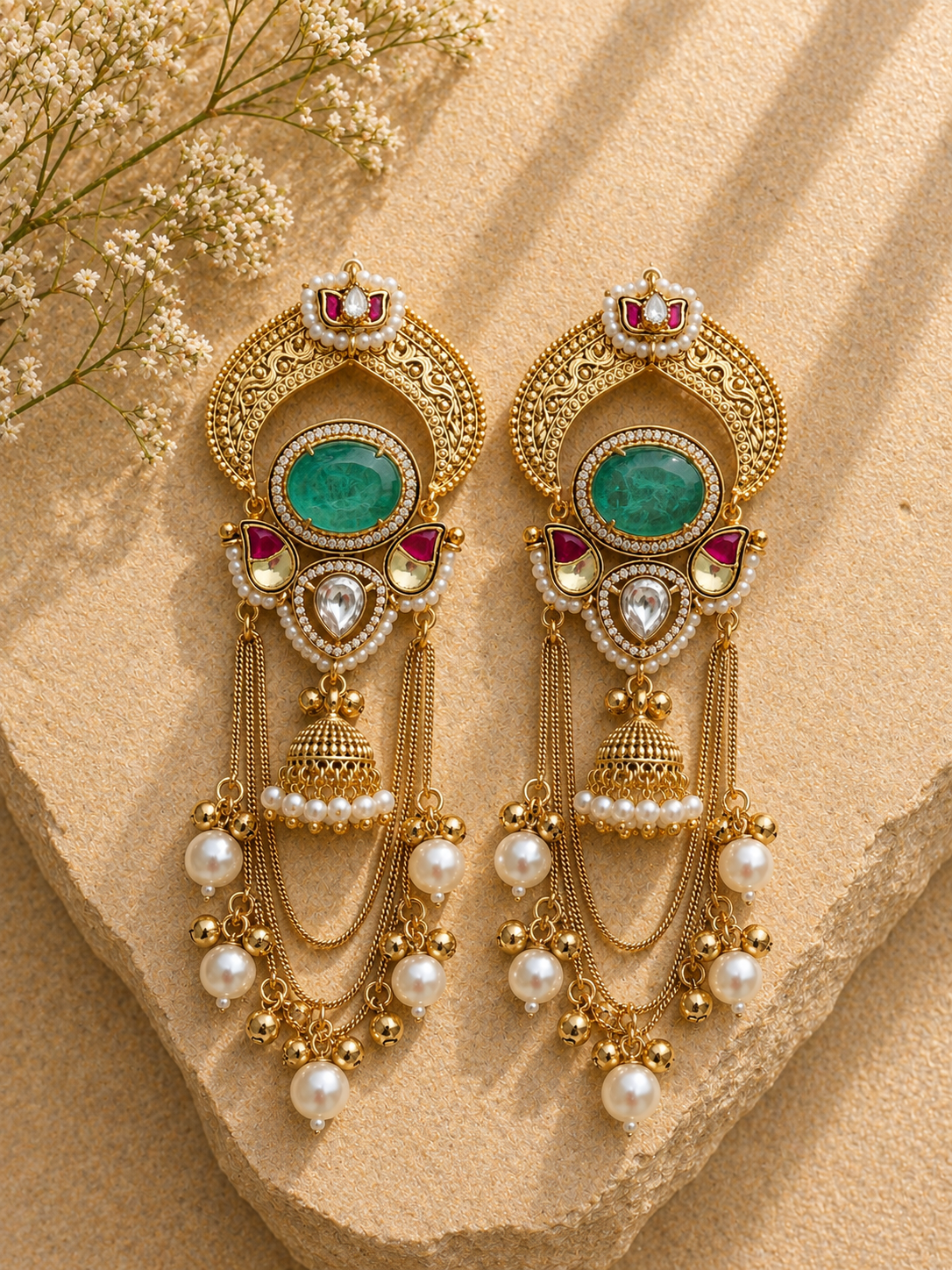 Premium Kashmiri Pachi Kundan Earrings with Doublet Stone & Moissanite Kundan