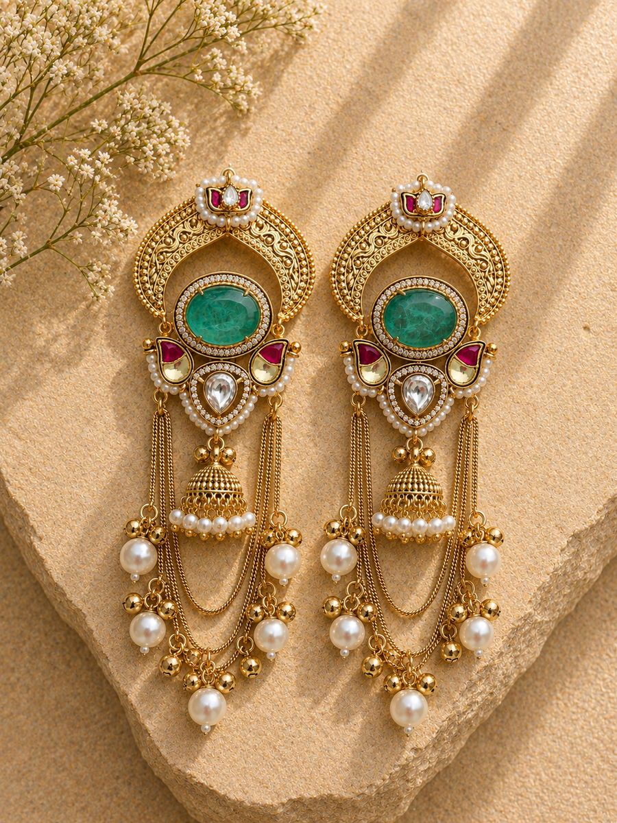 Premium Kashmiri Pachi Kundan Earrings with Doublet Stone & Moissanite Kundan