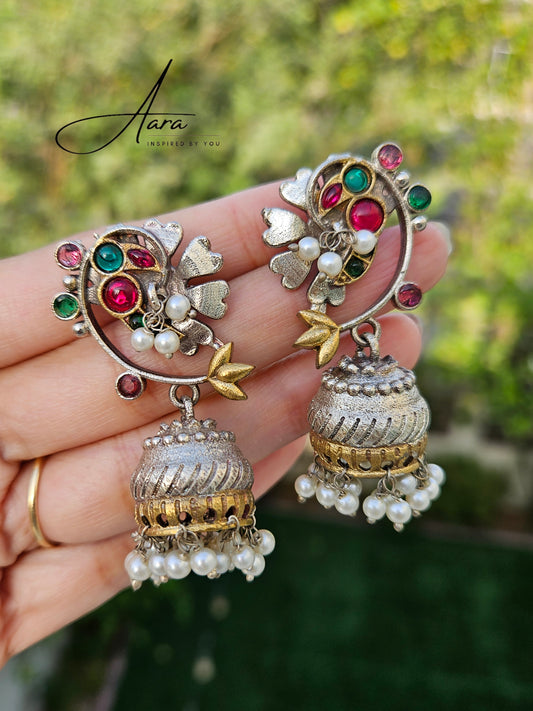 Silver Look Alike Dual Tone Jumka Earrings