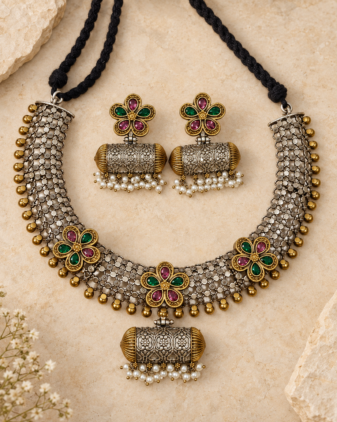 Dual tone silver lookalike brass necklace set with matching earrings on beige stone background